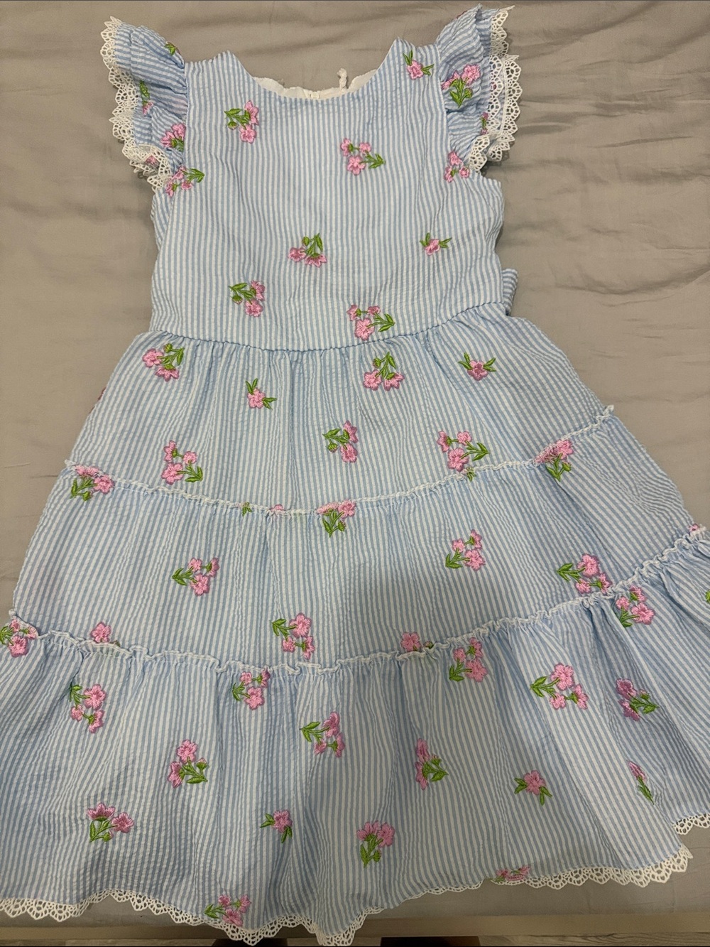 Girls Light Blue Striped Floral Tiered Dress